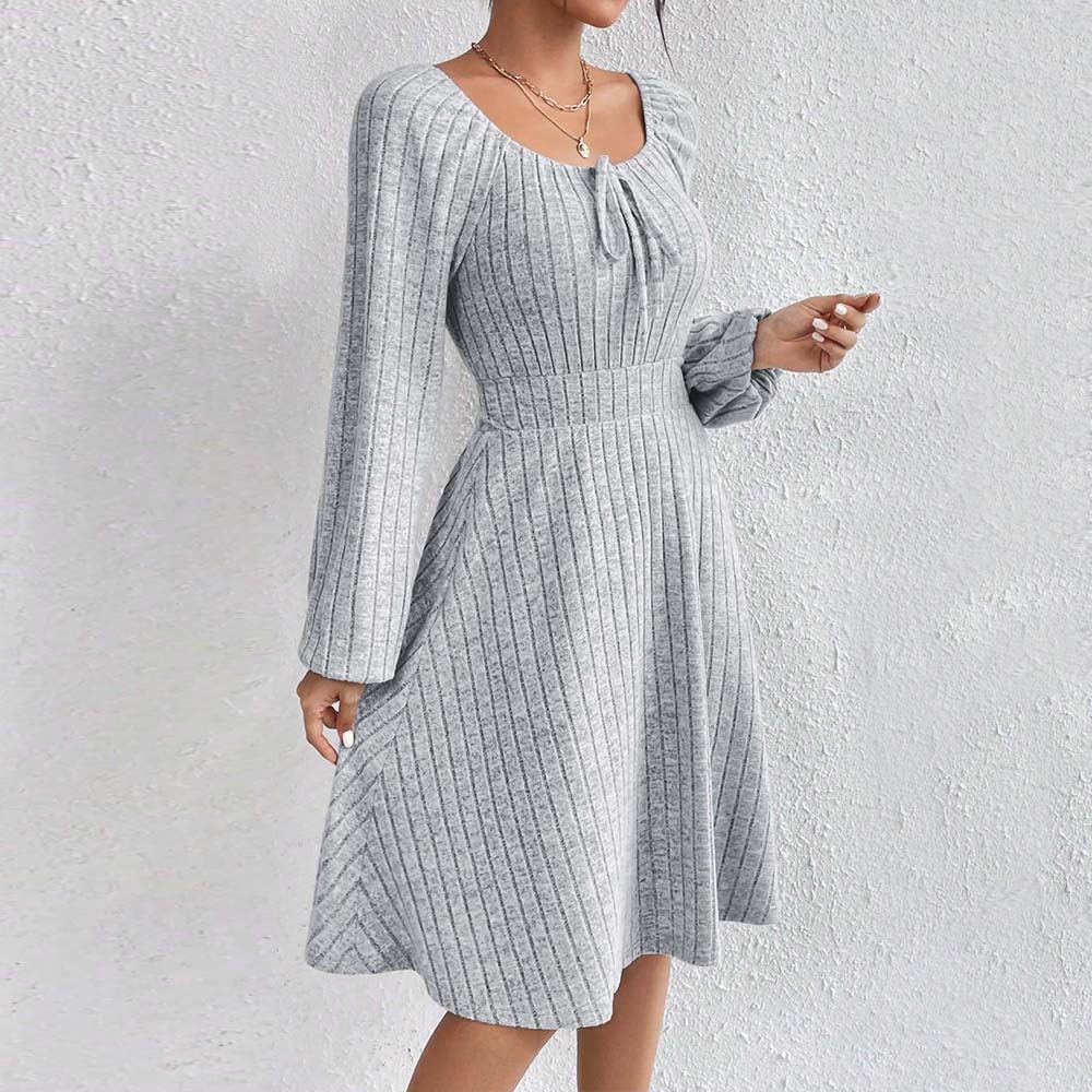 Womens Long Sleeve A Line Dress Square Neck Waist Tie Flared Hem Fall Winter Fashion Wholesale Available