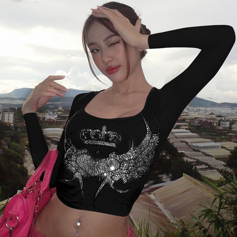 Fashionable Womens Long Sleeve Top U Neck Slim Fit Rhinestone Detail Summer Style for Trendy Looks Wholesale