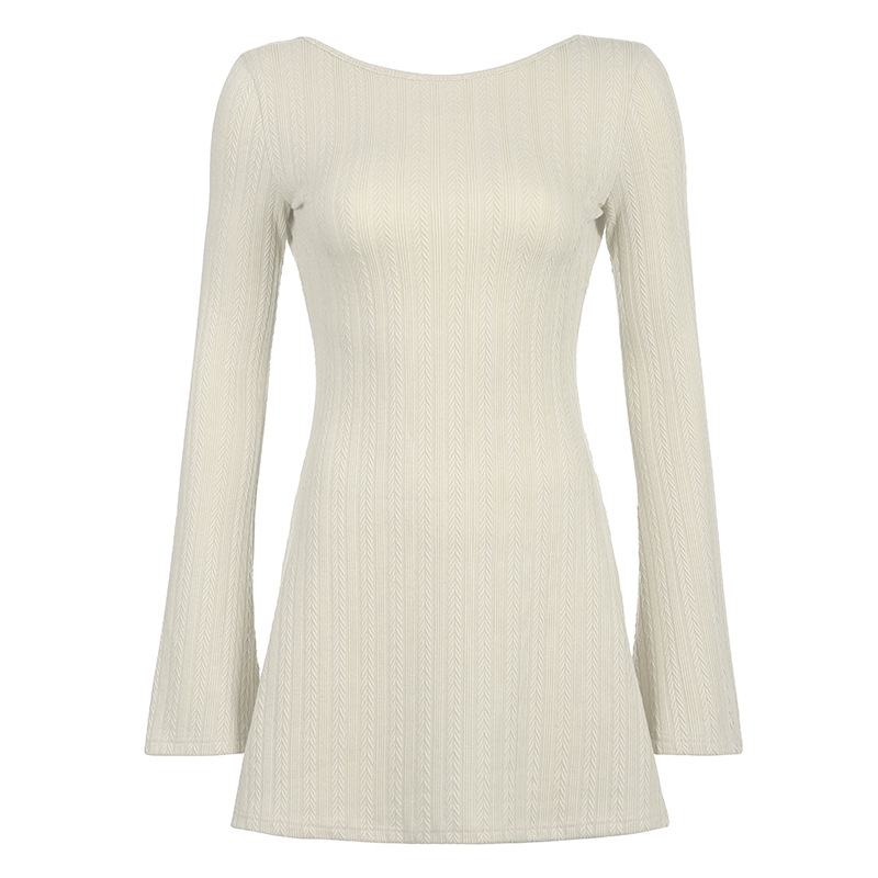 Long Sleeve Knit Dress U Back Design Slim Fit Solid Color Elegant Style Perfect for Early Autumn Wholesale