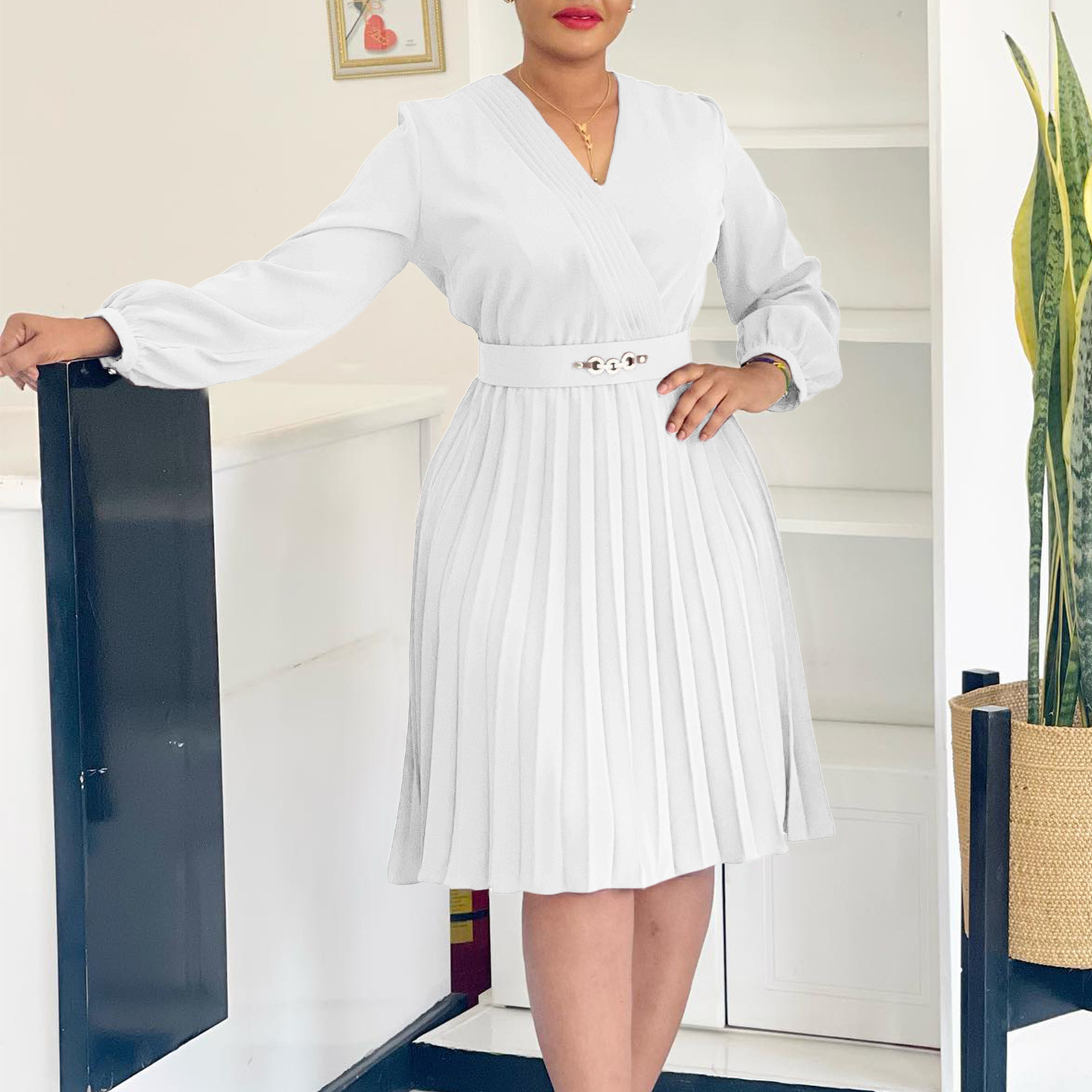 Spring New Women's OL Style V Neck Fashion Pleated High Waist Dress for Cross Border Trade in Africa