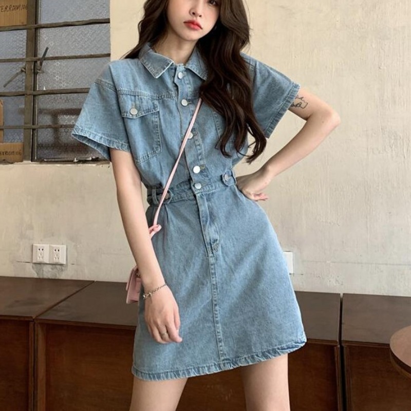 Vintage Hong Kong Style Denim Dress for Women Spring Slim Fit Short Length Elegant Design Perfect for Casual