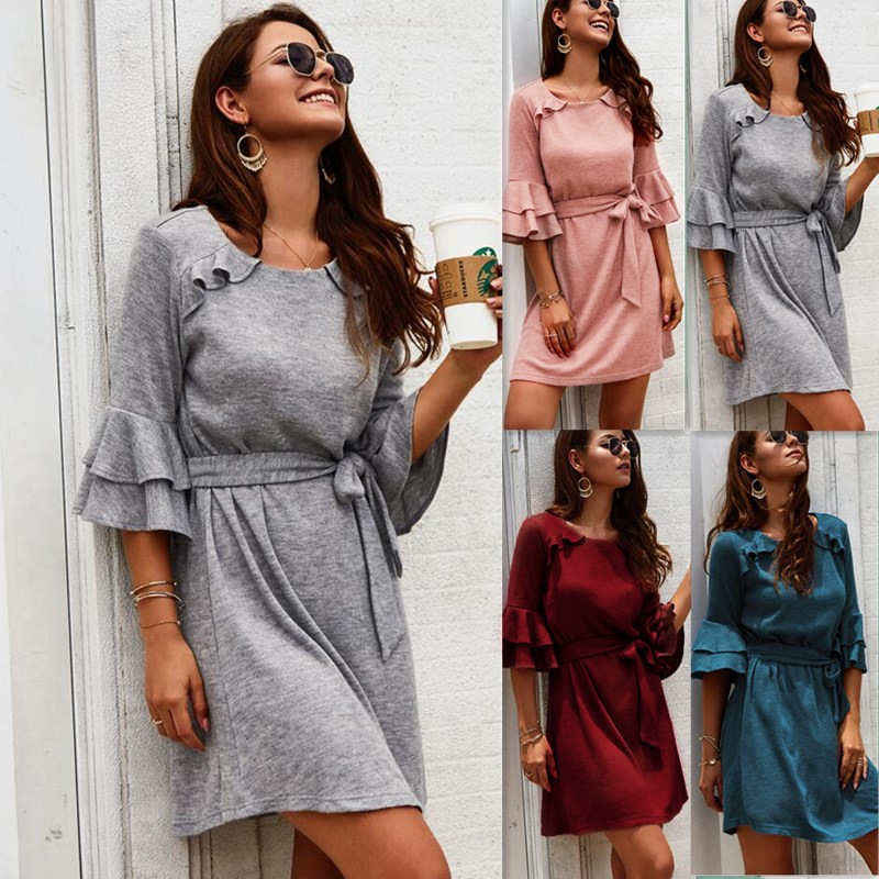 Fashionable Womens Dress Autumn Winter Collection 3 4 Sleeve Round Neck Trendy Design Wholesale Available