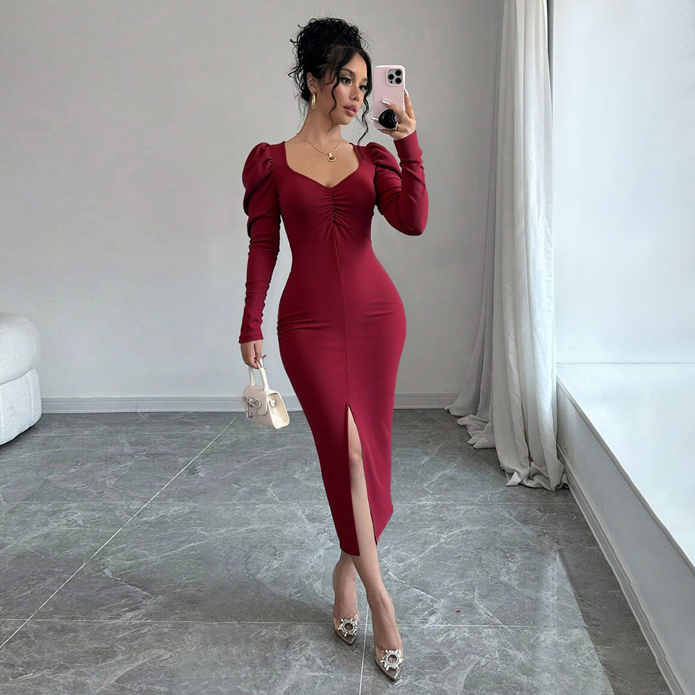 Vintage Burgundy Velvet Dress for Women Square Neck Puff Sleeves Slim Fit Side Slit Autumn Winter Evening Wear