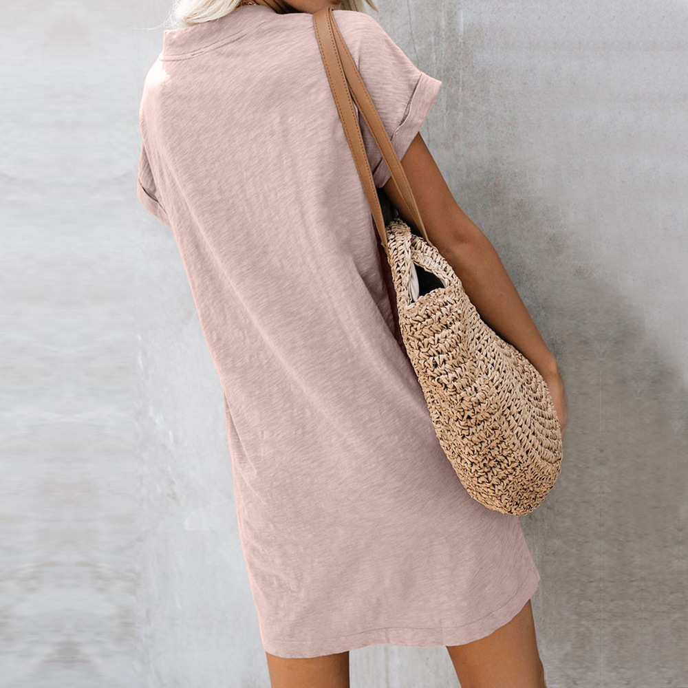 Solid Color Knee Length Dress for Women European Style V Neck Short Sleeve Loose Fit Summer Casual Wear Wholesale
