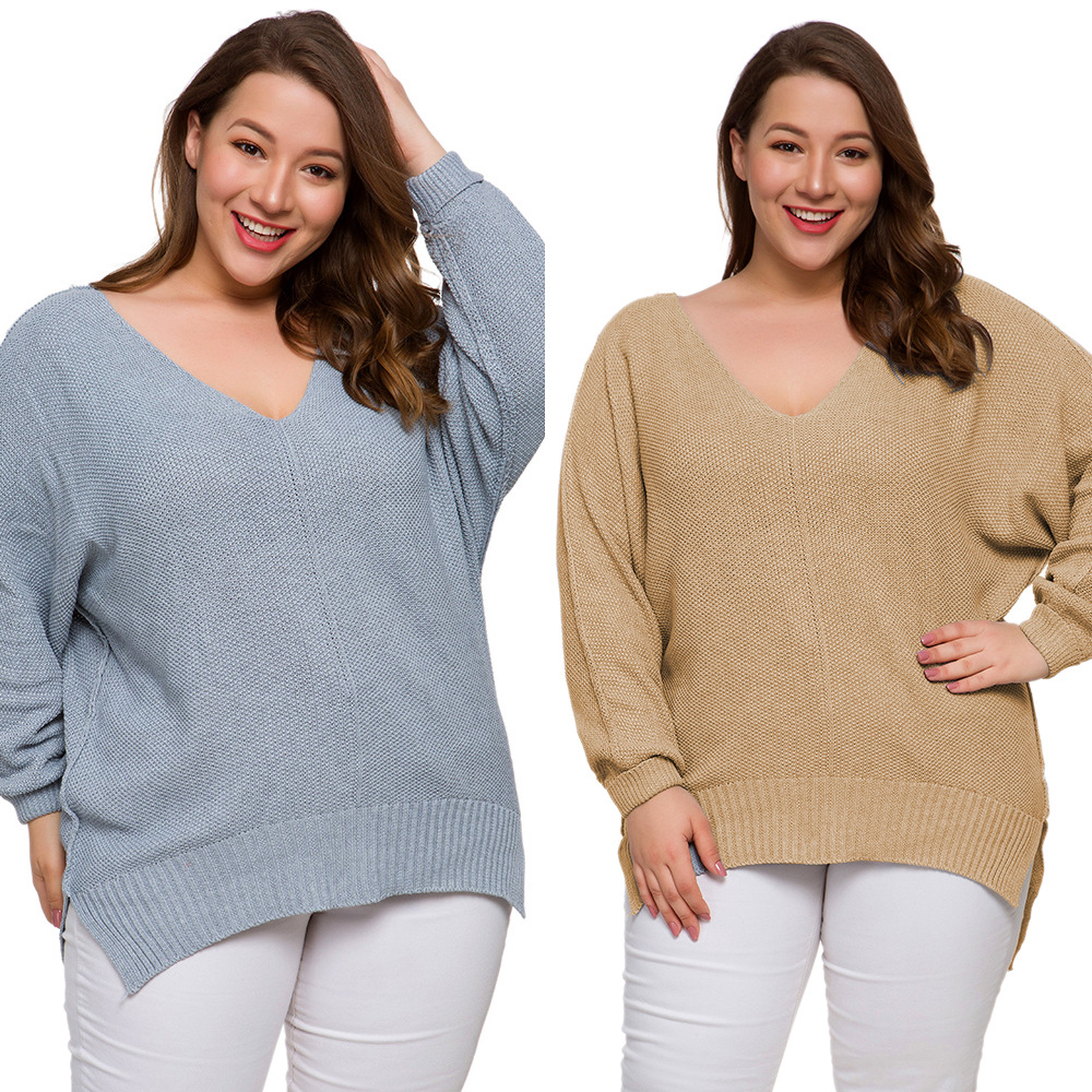 Plus Size Womens Knitted Sweater V Neck Split Hem Loose Fit Spring Summer Casual Wear Wholesale Available
