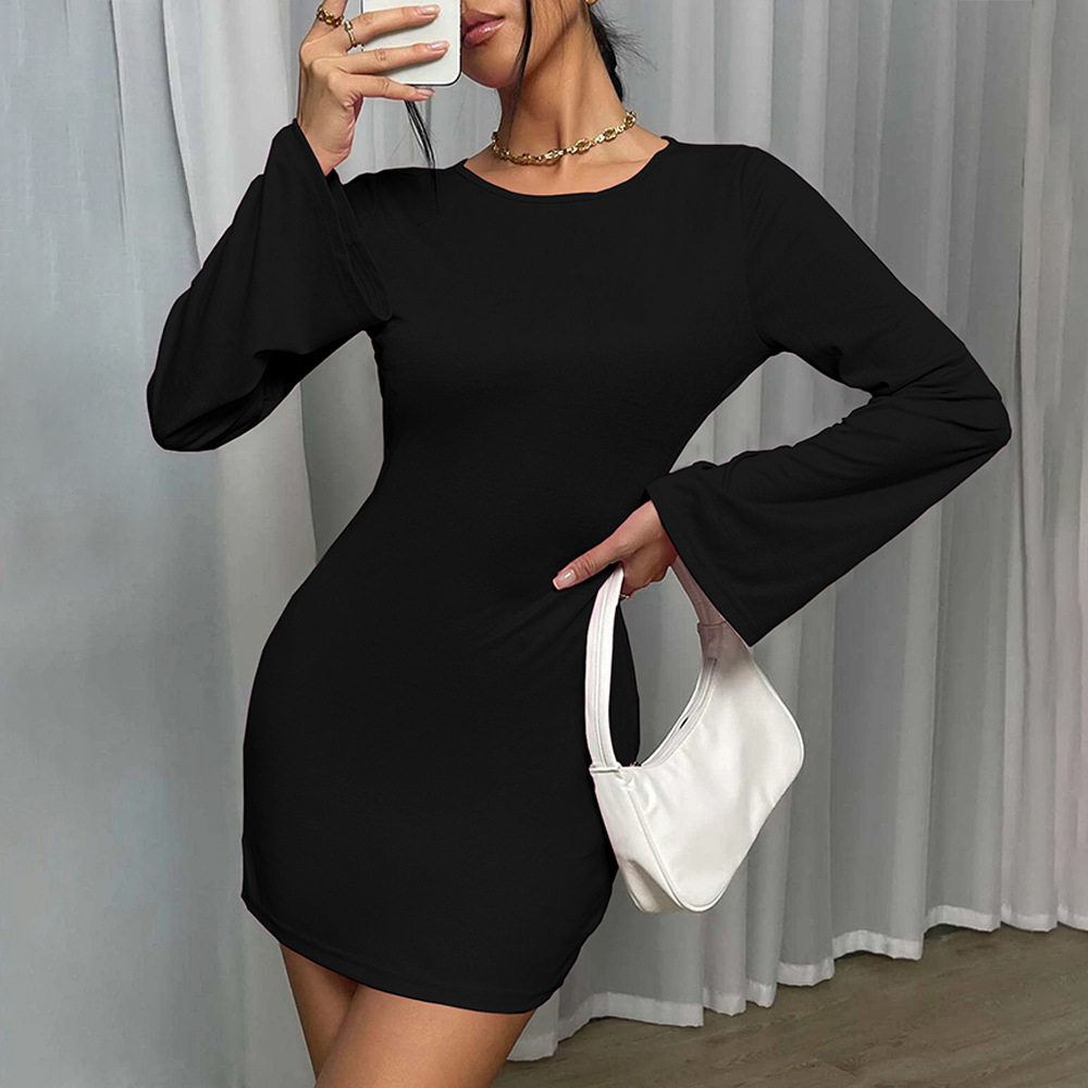 New Sexy Backless Round Neck Pullover Bell Sleeve Bodycon Dress Long Sleeve