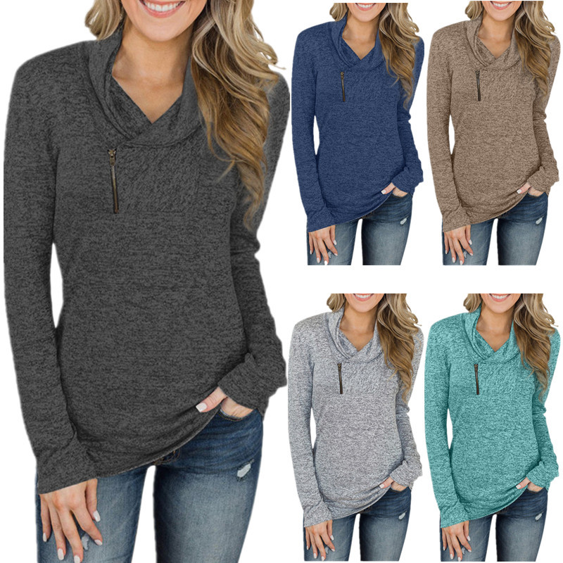 Womens Pullover Sweatshirt Solid Color Long Sleeve Zipper Detail Slim Fit Plus Size Autumn Winter Casual Wear