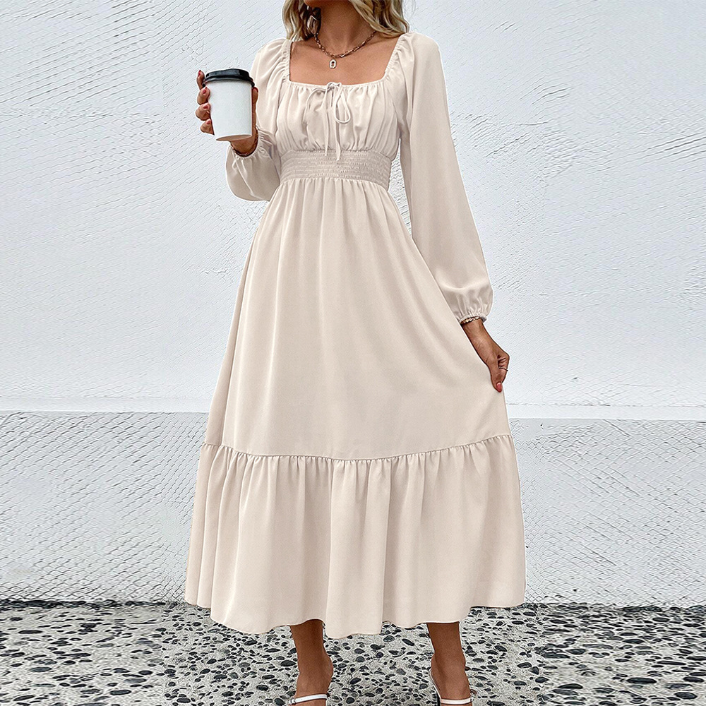 Autumn and Winter New Waist Slimming Large Flared Long Sleeve Square Neck Elegant Commuter Long Dress