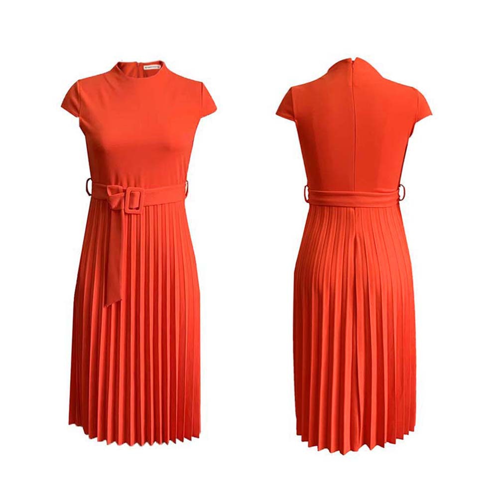 European Market Casual Dress — Short Sleeve, Solid Color, Stylish Tie Waist, Pleated Design, Slim Fit — Summer Wear — Wholesal