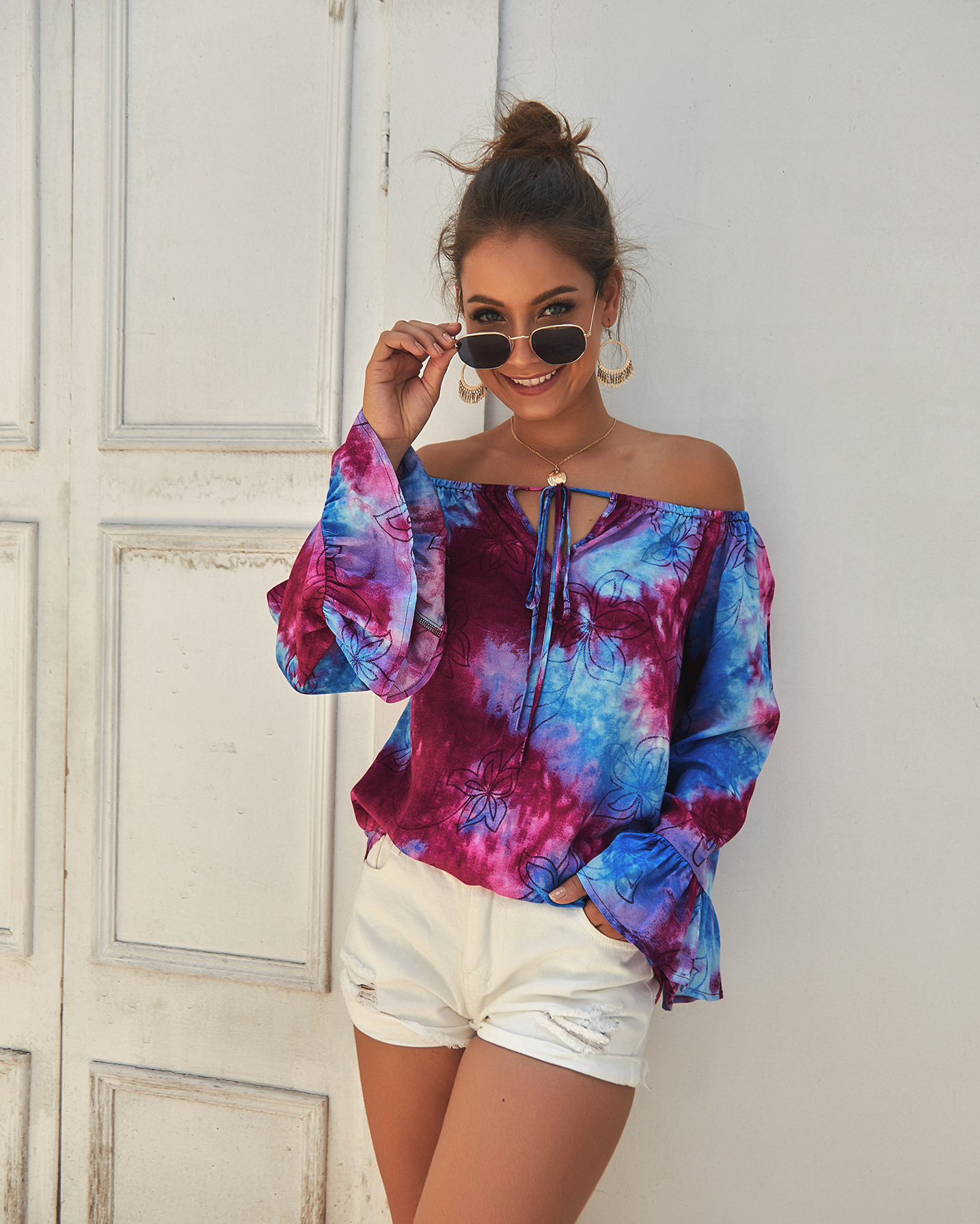 Womens Summer Long Sleeve Off Shoulder Top Original Design Lightweight Fabric Trendy Style Perfect for Casual