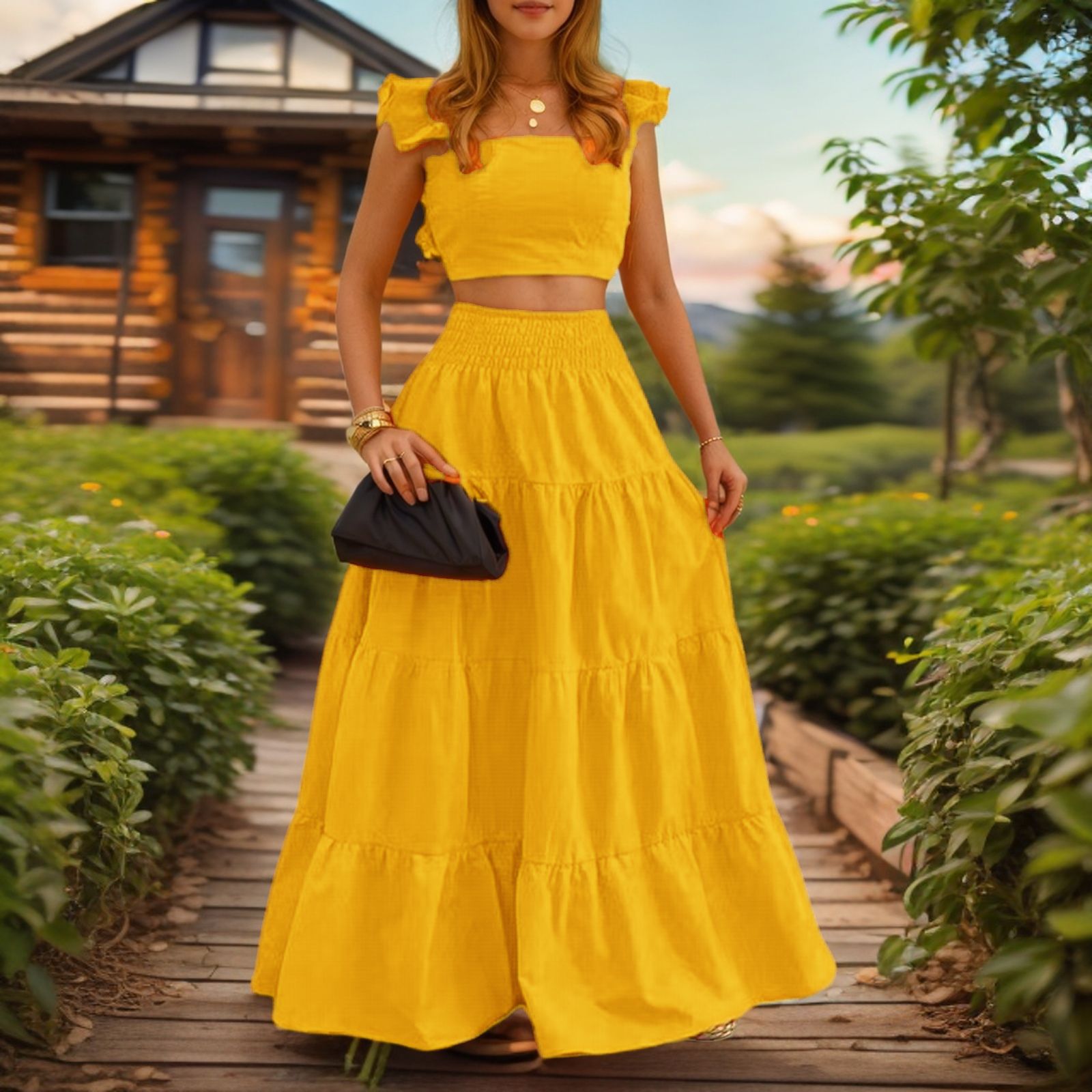 Summer New European and American Style Elegant Sexy Solid Color Mid Waist Strap Swing Two piece Dress Set
