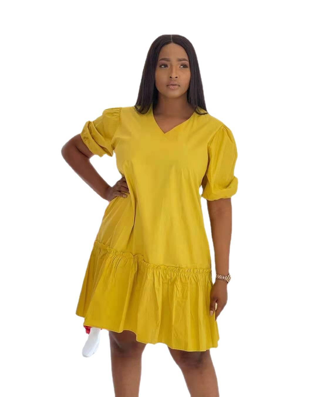 Summer Womens Dress Solid Color V Neck Ruffle Short Sleeves Casual Wear for Parties or Outings Wholesale Available