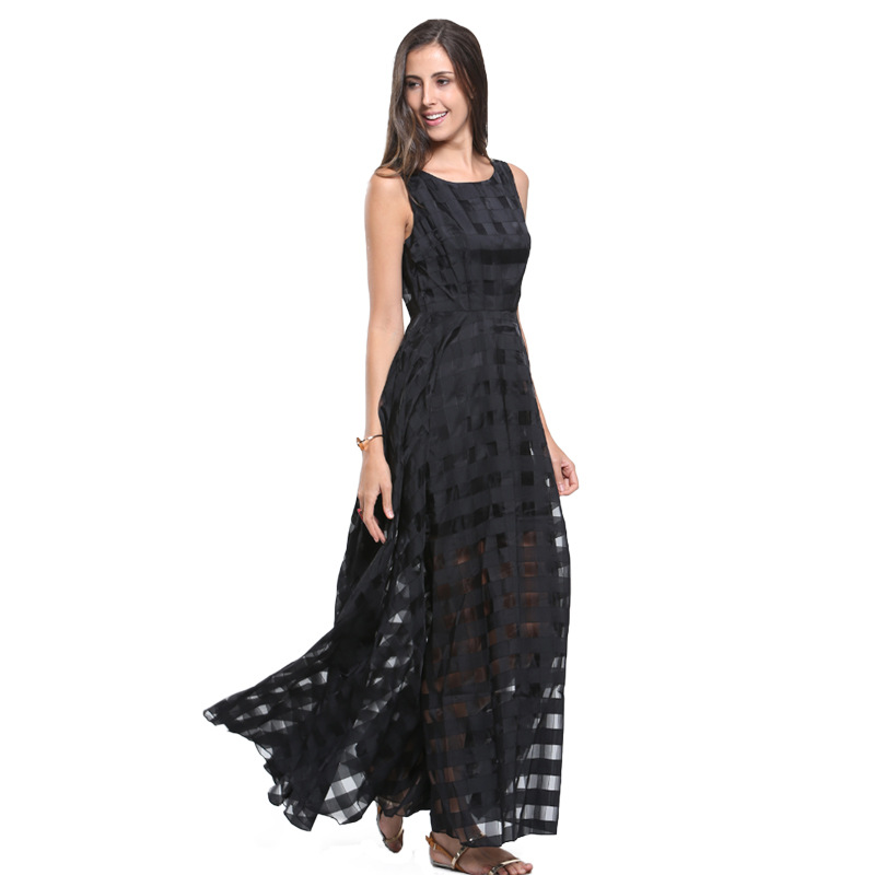Plaid Organza Maxi Dress Sleeveless Pocketed Elegant Design Perfect for Parties and Special Occasions Wholesale