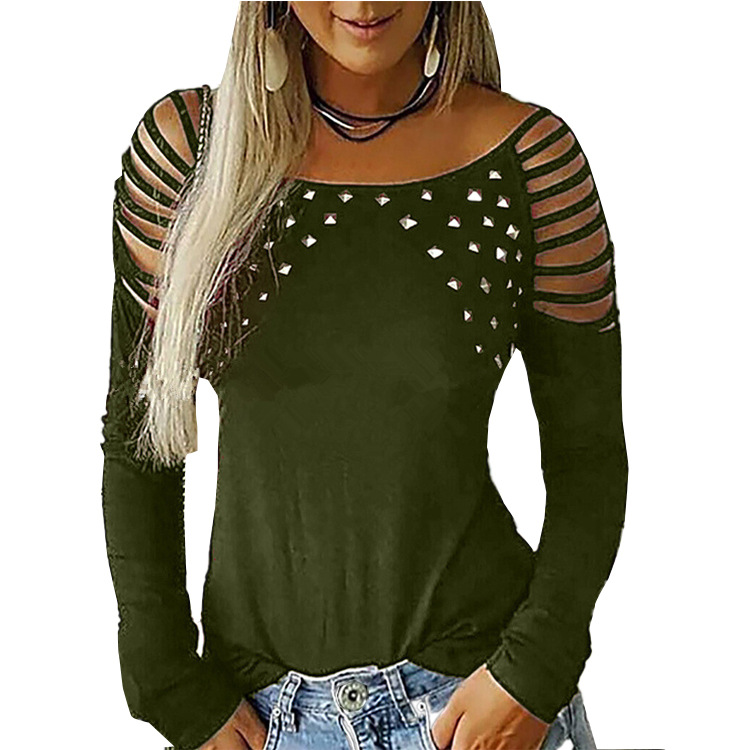 Long Sleeve T Shirt for Women Solid Color Rhinestone Detail Casual Style Perfect for Autumn and Winter Wholesale