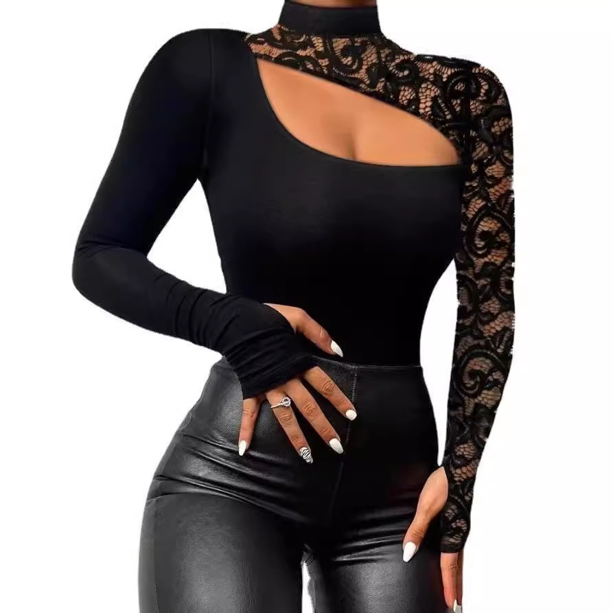 Lace Asymmetrical Long Sleeve T Shirt Off Shoulder Design Sexy Style Spring Autumn Wear Wholesale Available