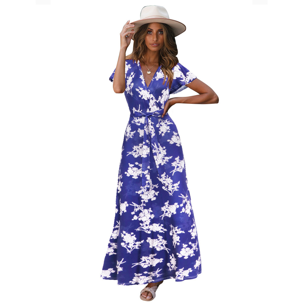 Bohemian Floral Maxi Dress V Neck Tie Detail Summer Style Perfect for Beachwear or Casual Outings Wholesale
