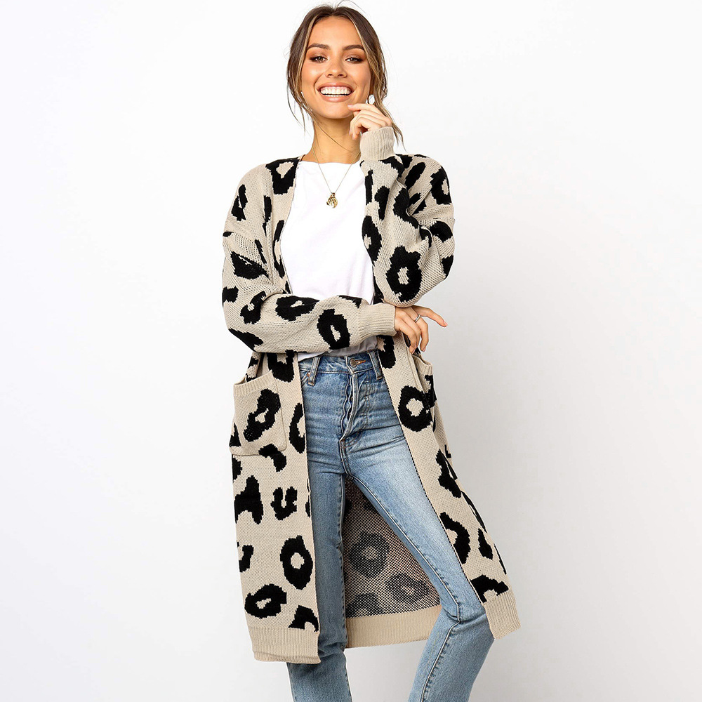 Long Sleeve Knitted Cardigan Mid Length Leopard Print Cozy Fabric Fall Winter Fashion for Women Wholesale Available