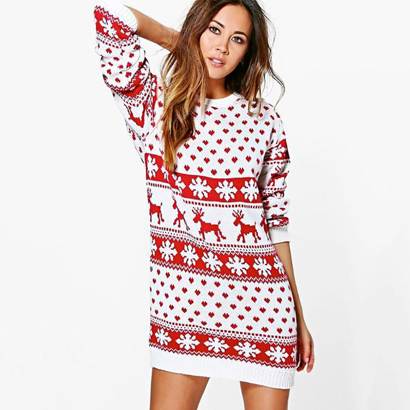 Womens Knit Dress O Neck Long Sleeve Christmas Print Casual Loose Fit for Autumn and Winter Wholesale Available