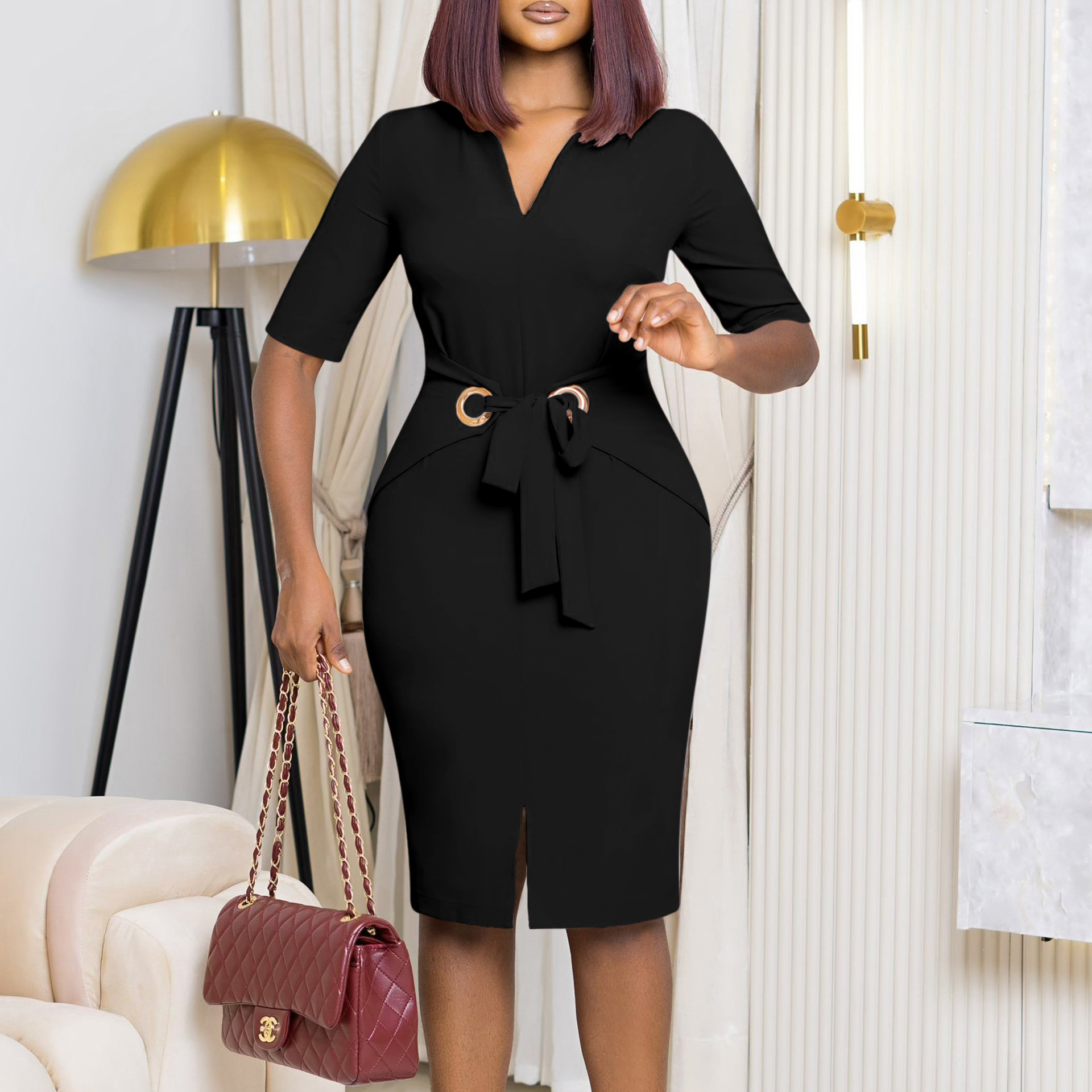 Elegant V Neck Solid Color Pencil Skirt for Women, Stylish OL Bodycon Dress, Perfect for Autumn Fashion and African Style