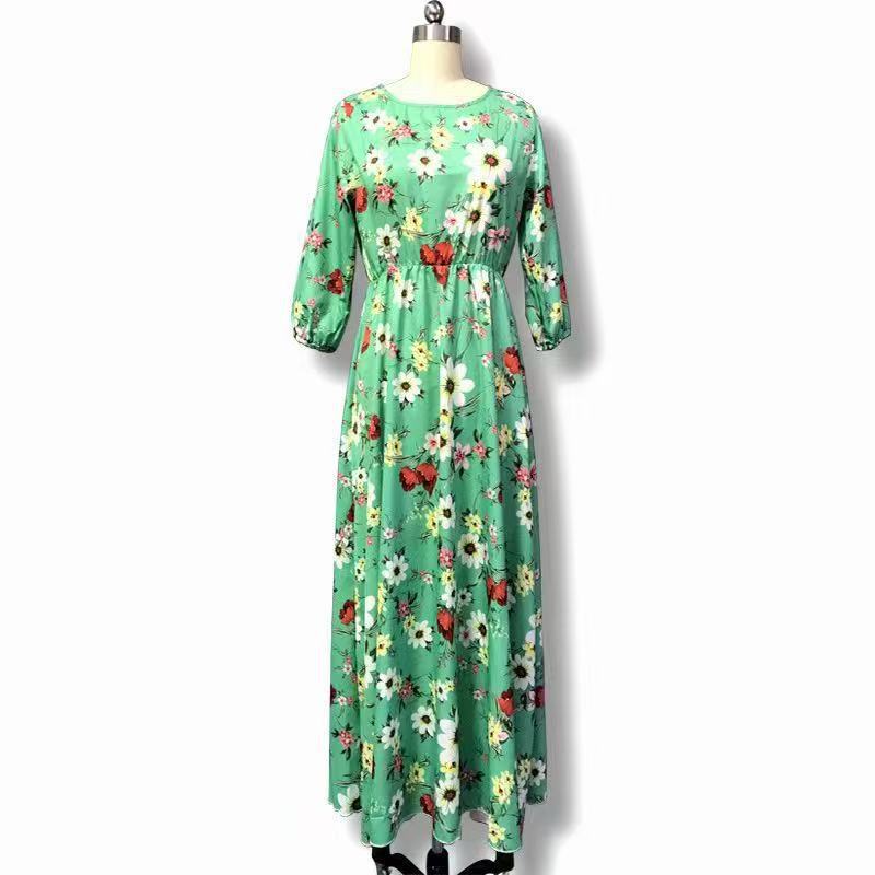 Floral Long Dress European and American Style French Commuter Vintage A Line Round Neck Floral Dress