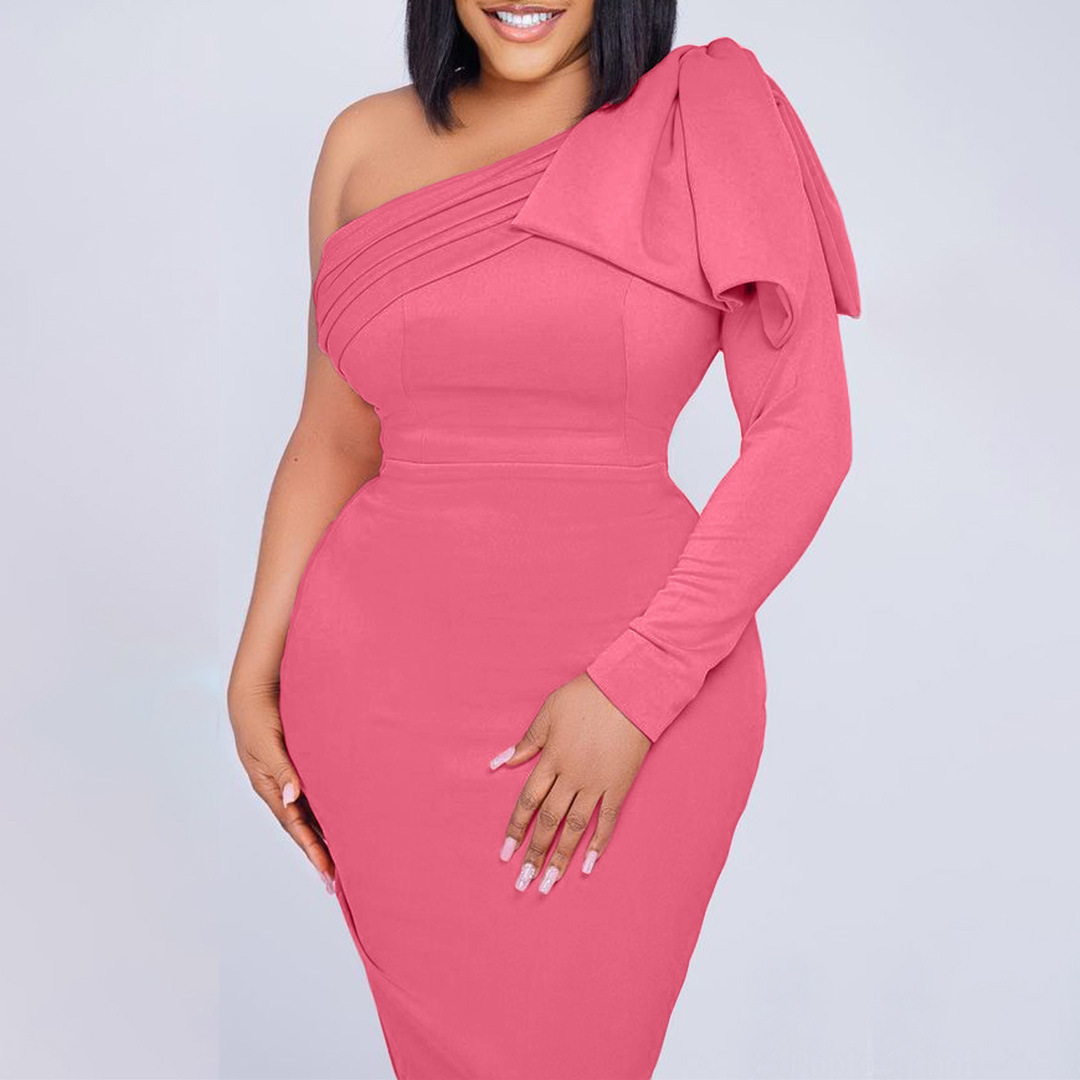 Plus Size Women's Dress — New Arrival, Asymmetrical Neckline, Solid Color, Fashionable, Bodycon Style — Casual Wear — Wholesal