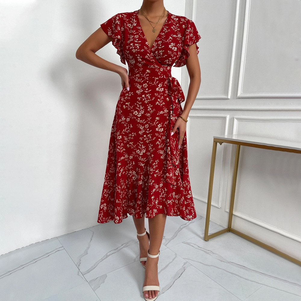 Sexy Deep V Tie Waist Floral Vacation Midi Dress for Women