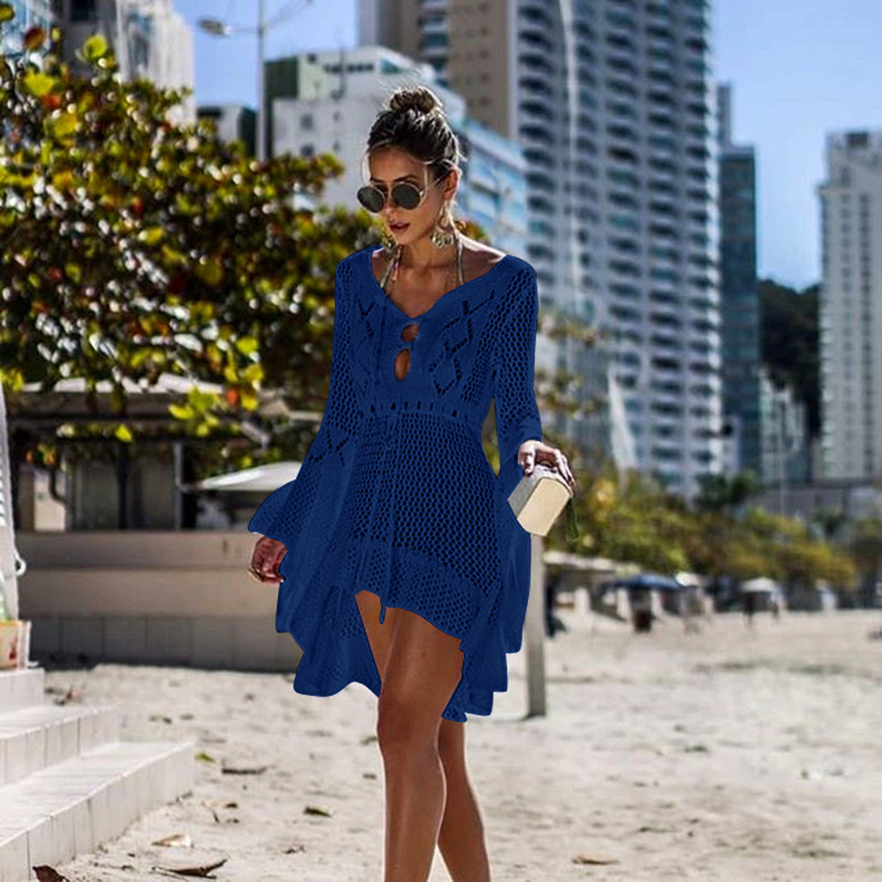 Irregular Deep V Sexy Hollow Out Knitted Beach Cover Up Dress Bell Sleeves Lightweight Fabric Summer Style Wholesale