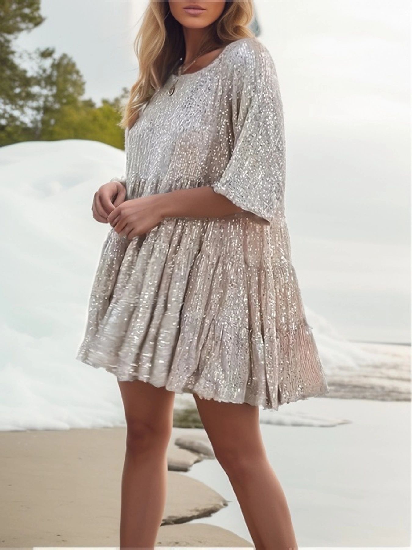 Sequin A Line Mini Dress Round Neck Short Sleeve Loose Fit Party Wear Evening Gown Wholesale Available