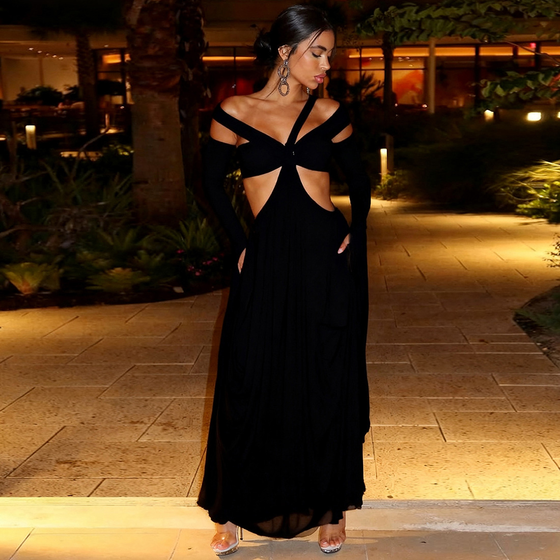 European and American Cross border Autumn and Winter New Women's Fashion Hanging Collar Sleeveless Solid Color Sexy Off Shoulder Hot Girl Dress