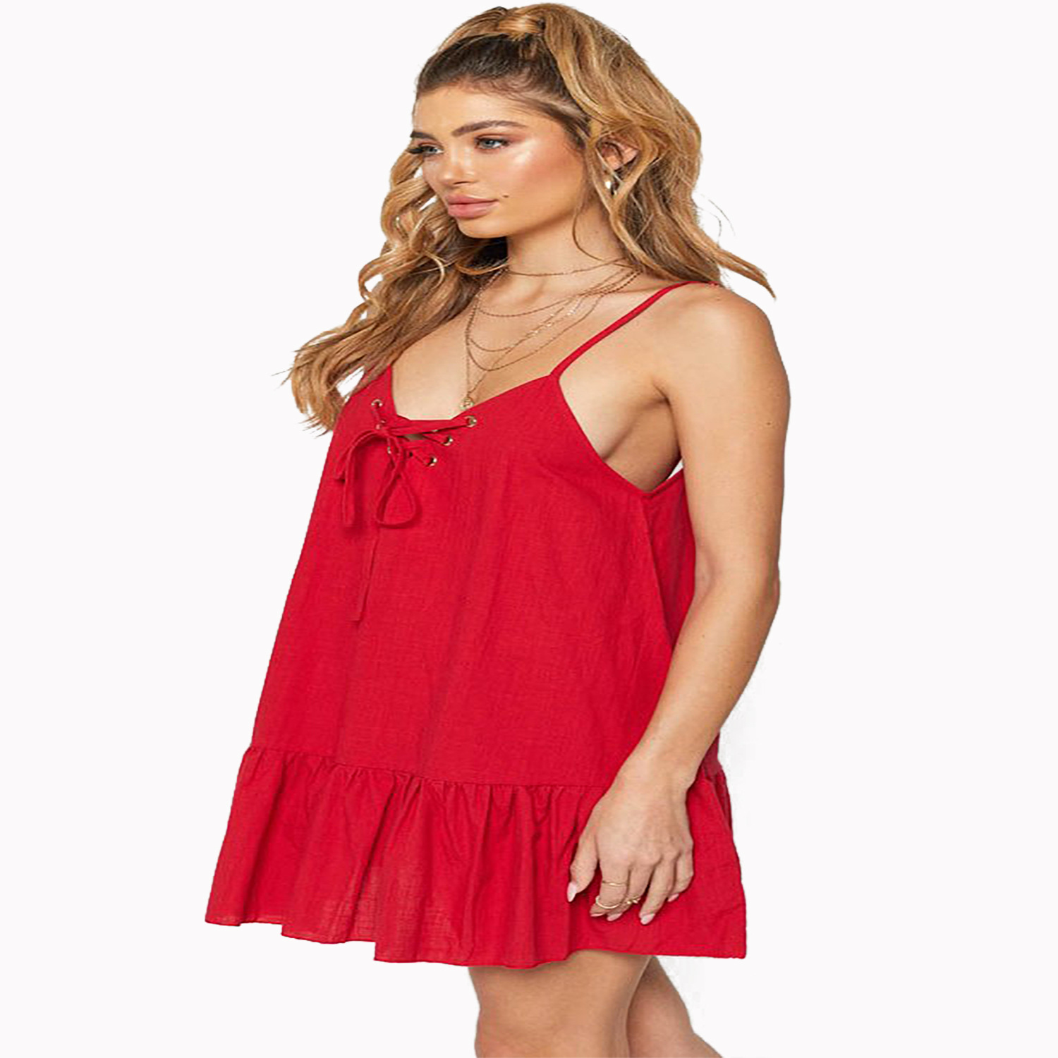 Fashionable Womens Backless Ruffle Hem Cami Dress Simple Vacation Style Lightweight Fabric Wholesale Available