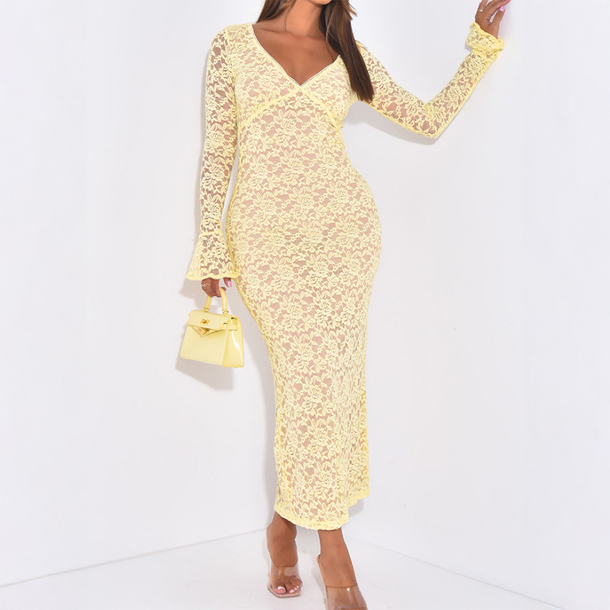 Y2K Sexy Lace Hollow Out Long Sleeve Long Dress Women Autumn Winter