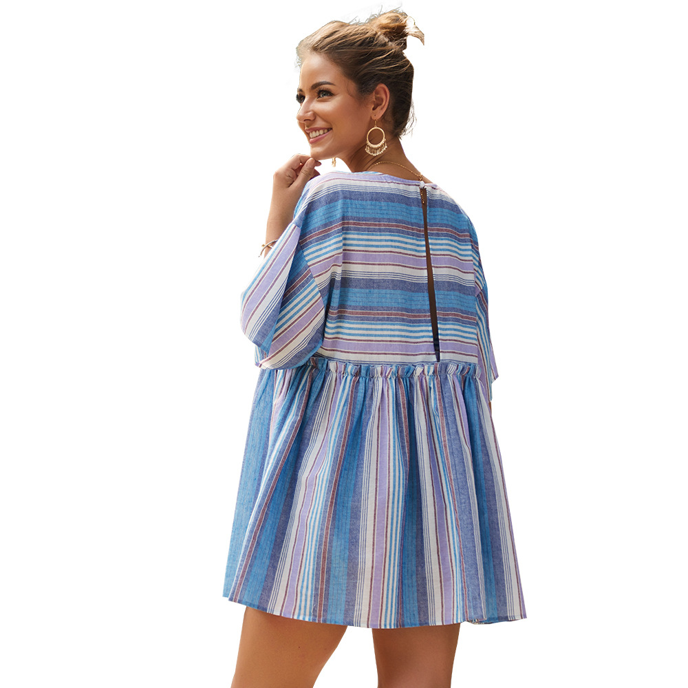 Womens Striped Color Block Dress Round Neck Short Sleeve Casual Style Perfect for Summer Events OEM Available