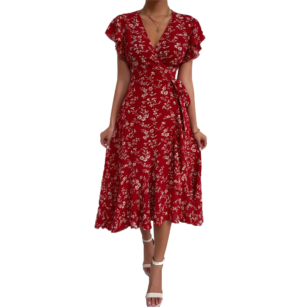 Sexy Deep V Tie Waist Floral Vacation Midi Dress for Women