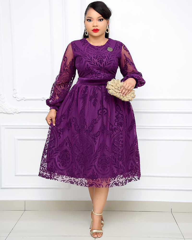 Velvet Floral Print Dress Elegant Round Neck Lantern Sleeves Flared Skirt Perfect for Parties and Special Occasions
