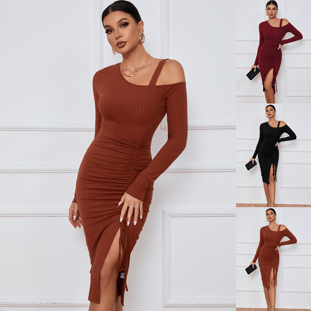 Dress with Slit and Off Shoulder Design, Autumn and Winter Bodycon Long Sleeve Dress, European and American Sexy Style