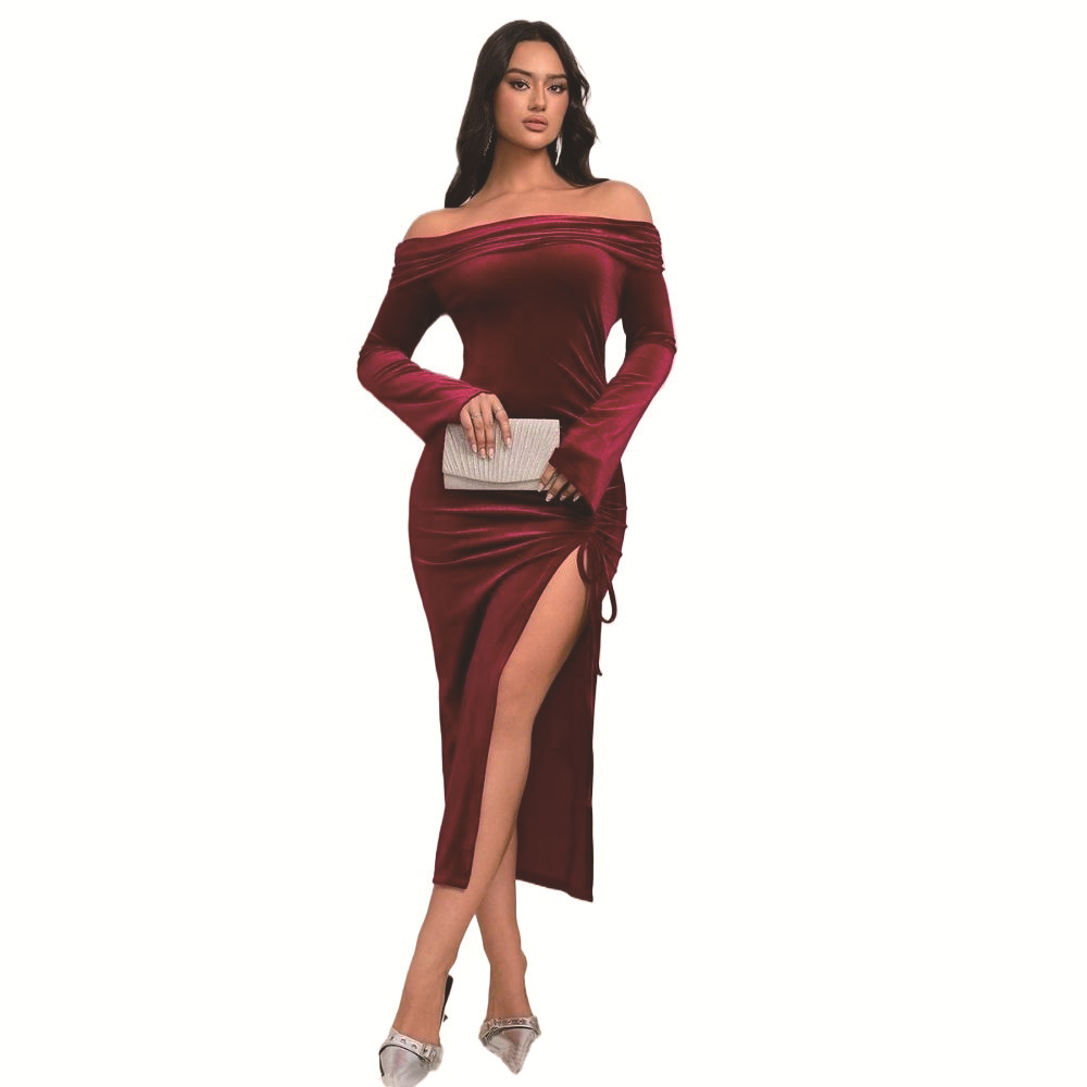 Elegant Midi Dress Sexy Celebrity Style Wine Red Color Autumn Winter Collection Wholesale Available