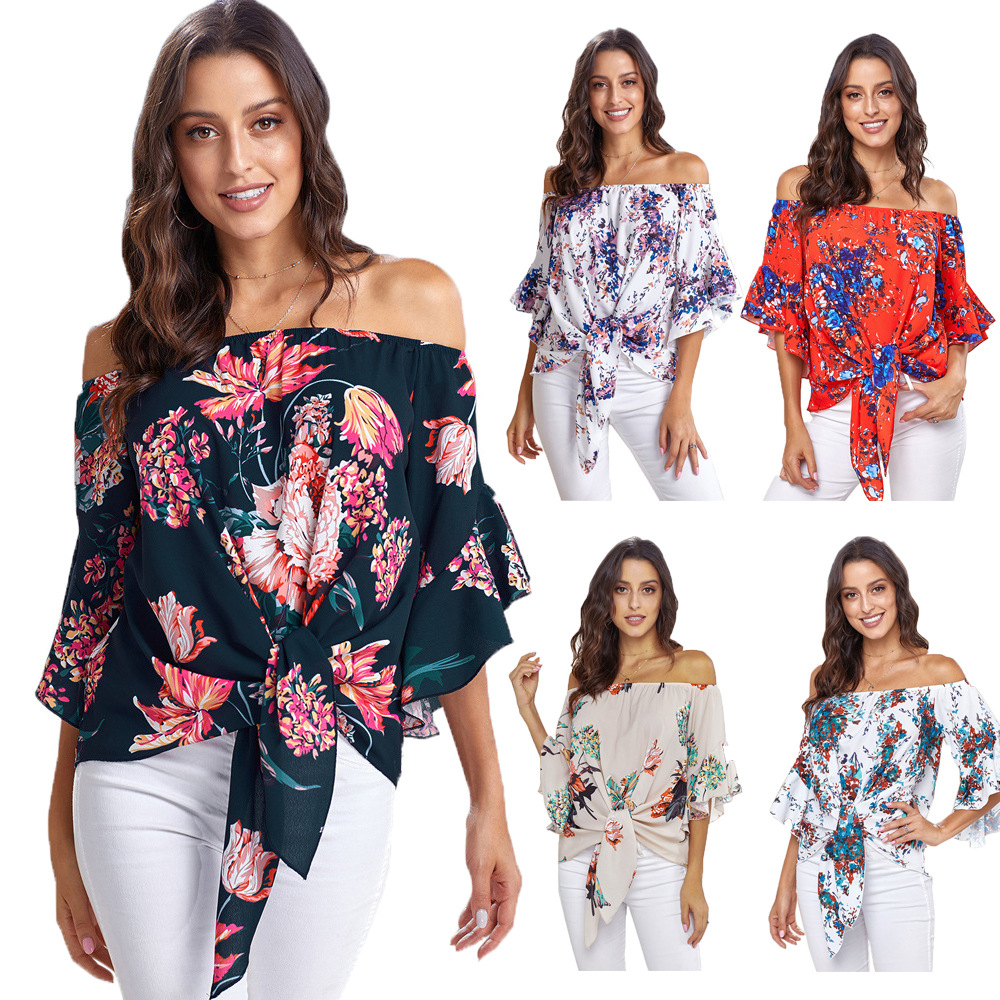 Off the Shoulder Crop Top Floral Print 3 4 Sleeve Casual Style Spring Fashion Wholesale Available