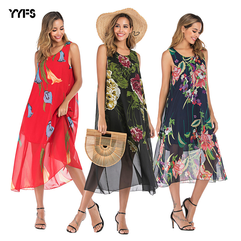 Chiffon Floral Dress Sleeveless Casual Elegant Design Spring Summer Womens Fashion Wholesale Available