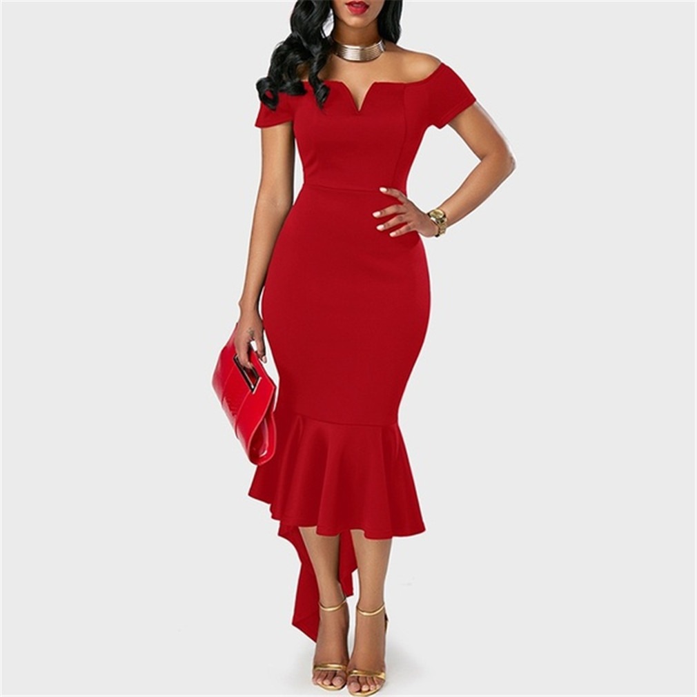 Womens Autumn Dress Short Sleeve Off Shoulder V Neck Asymmetrical Hem Casual or Evening Wear Wholesale Available