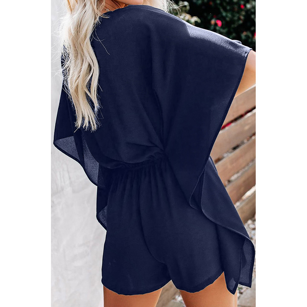 Solid Color Womens Jumpsuit V Neck Short Sleeve High Waist Loose Fit Casual Wear for Summer Wholesale Available