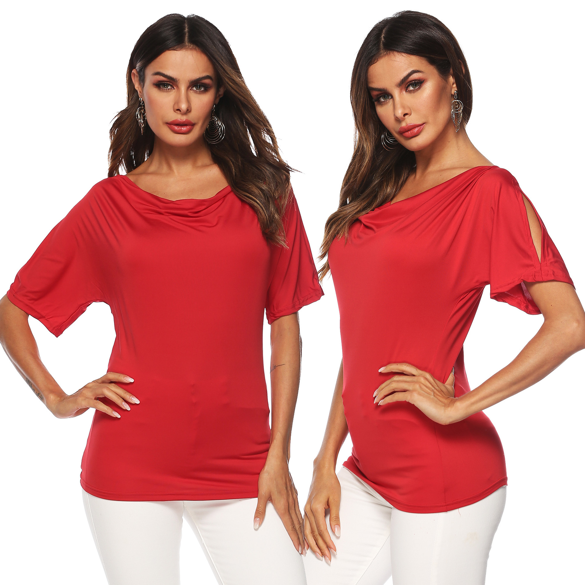 Plain Color Short Sleeve T Shirt Round Neck Off Shoulder Casual Style Perfect for Summer Wear Wholesale Available