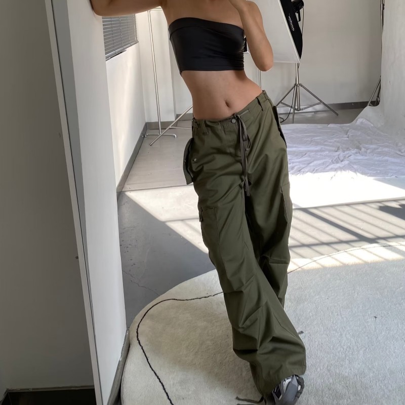 Vintage American Style Multi Pocket Cargo Pants for Women Loose Fit Drawstring Cuffs Casual Streetwear Wholesale