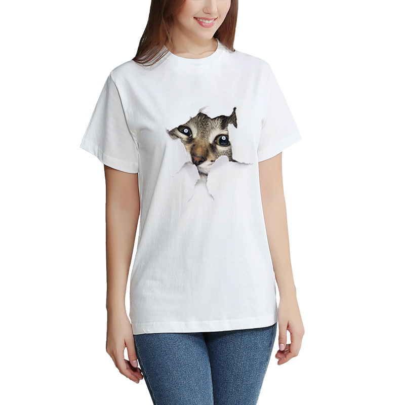 3D Printed Cat T Shirt Casual Summer Style Round Neck Short Sleeve Polyester Fabric Perfect for Couples Wholesale