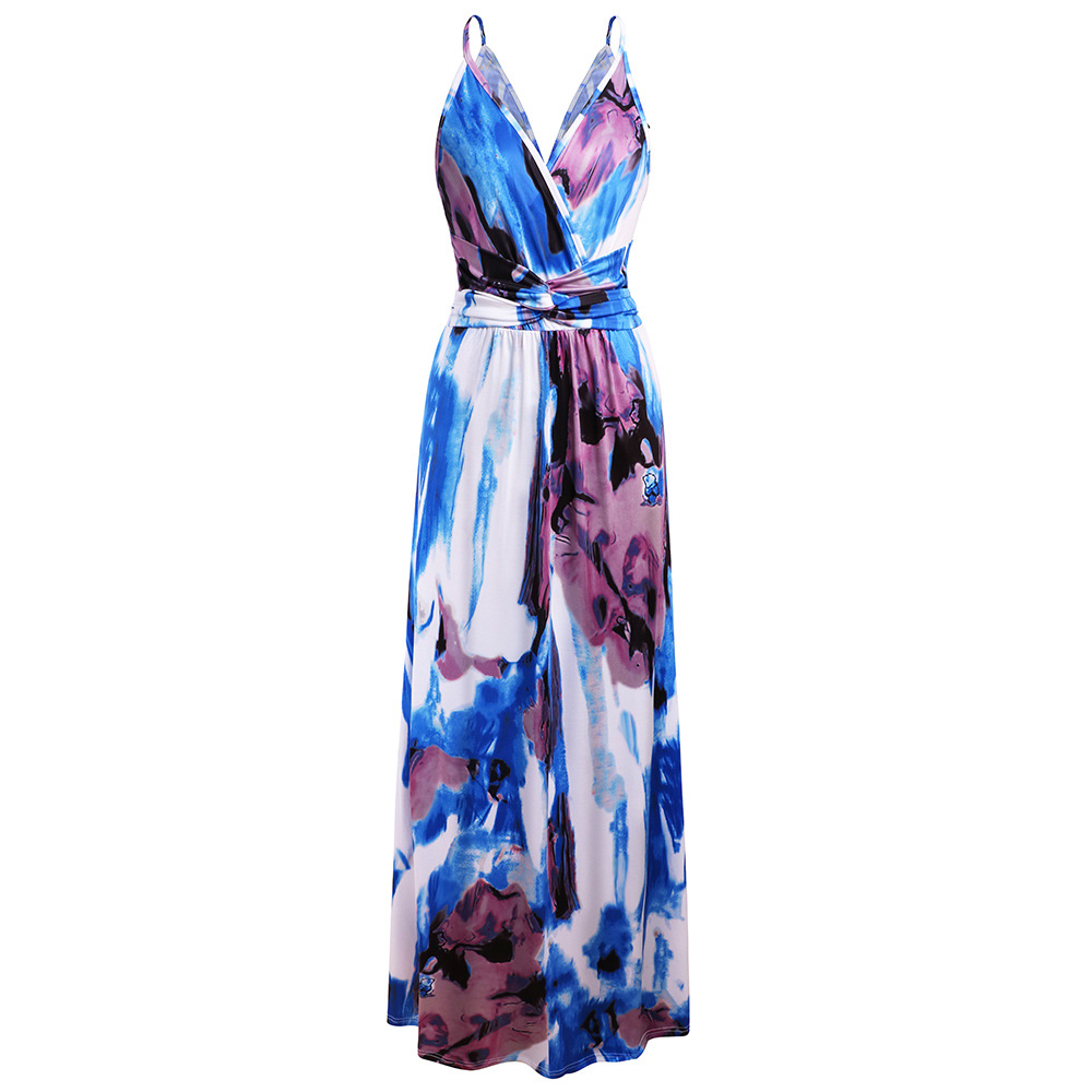 Womens Floral Print Maxi Dress V Neck Backless Sleeveless Summer Beachwear Wholesale Available