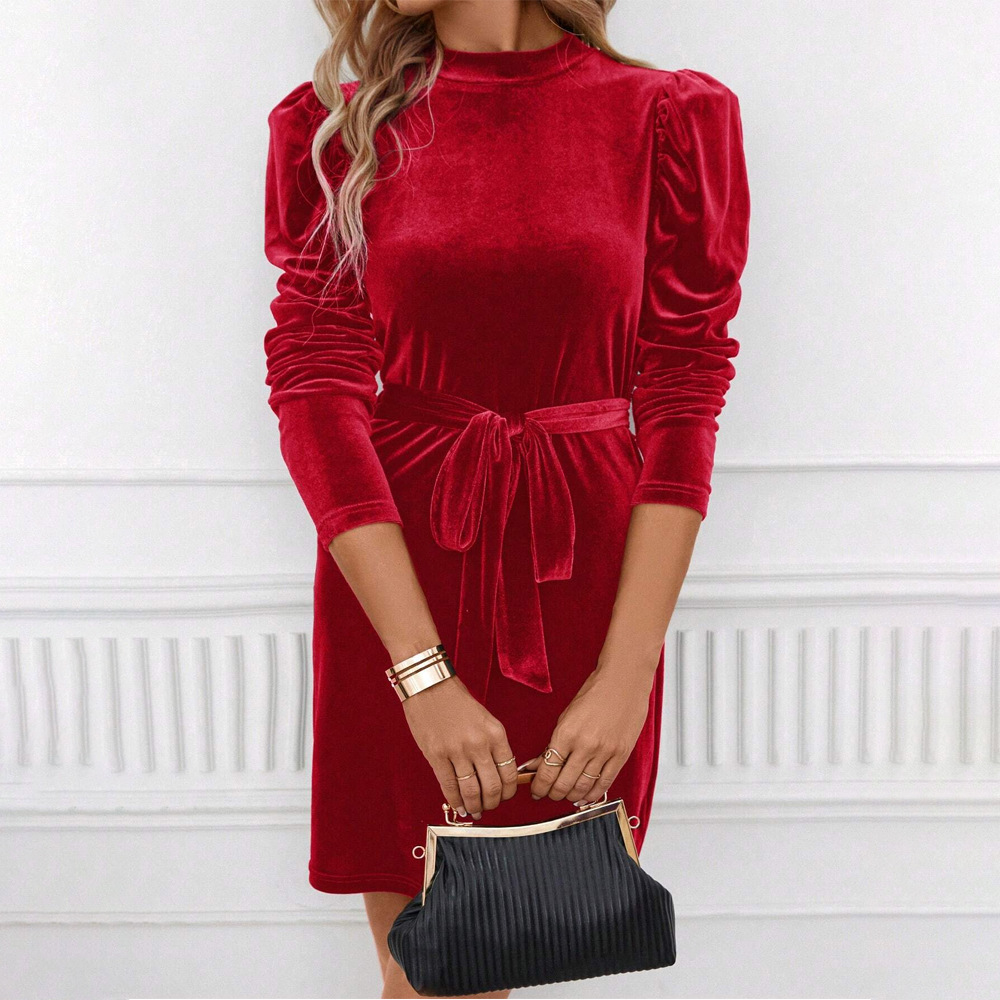 New European and American Cross border Velvet Elegant Waist Tie Slim Long Sleeve Bodycon Mini Dress