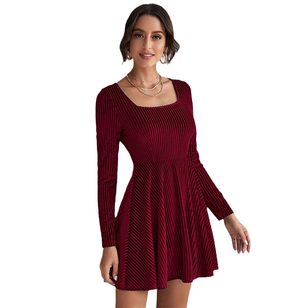 Autumn Winter New Women's Elegant Long Sleeve Velvet Dress with Waist and Flared Skirt for Party