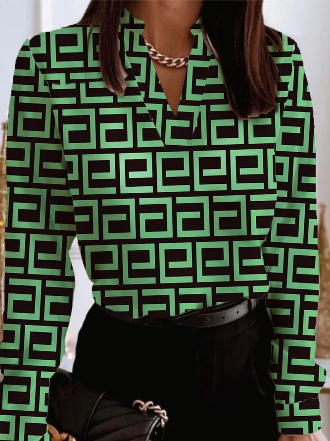 V Neck Geometric Print Long Sleeve T Shirt Womens Fashion Casual Style Comfortable Fabric Wholesale Available