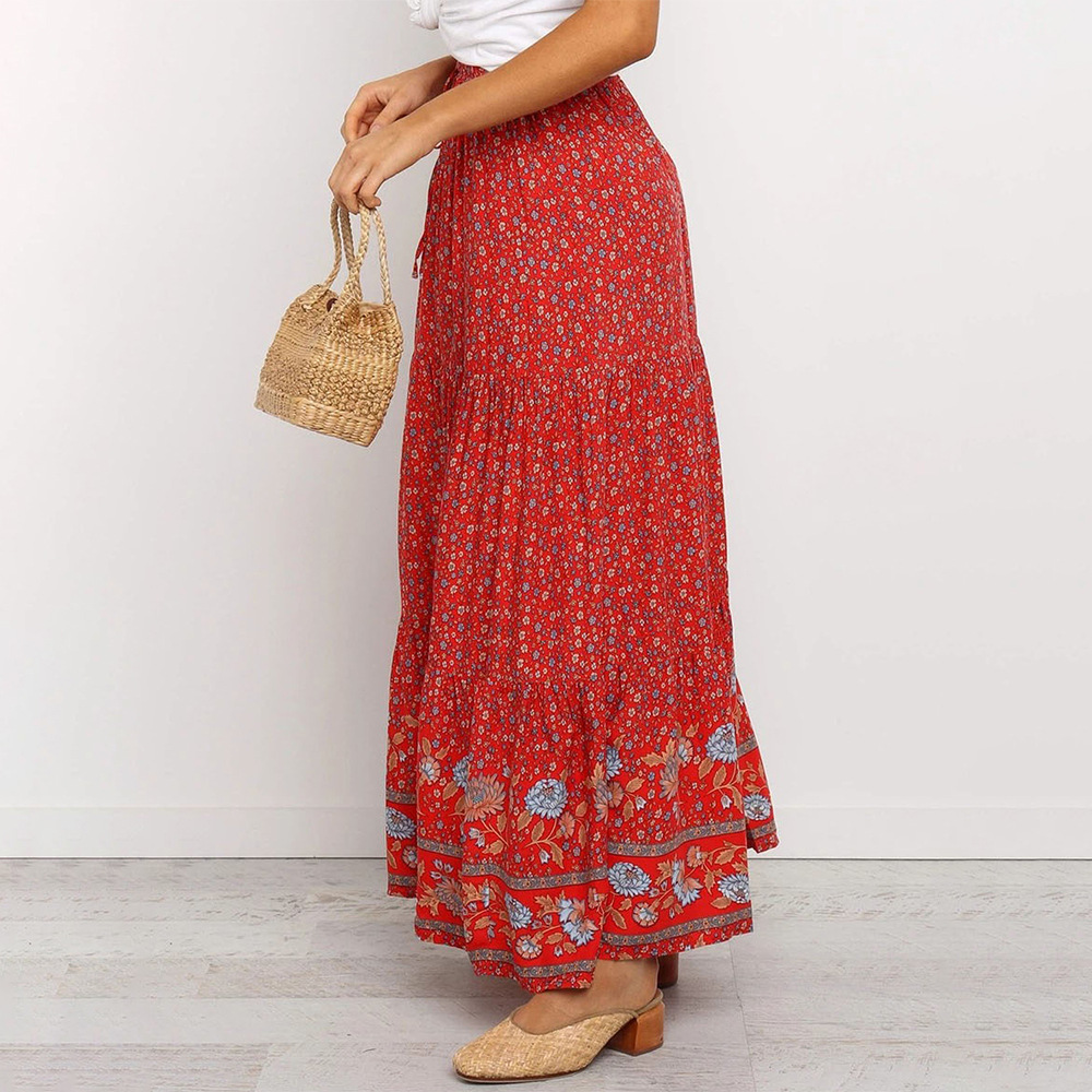 Vintage Floral Print High Waisted Pleated A Line Skirt for Women Elastic Waist Tie Detail Retro Style Perfect for