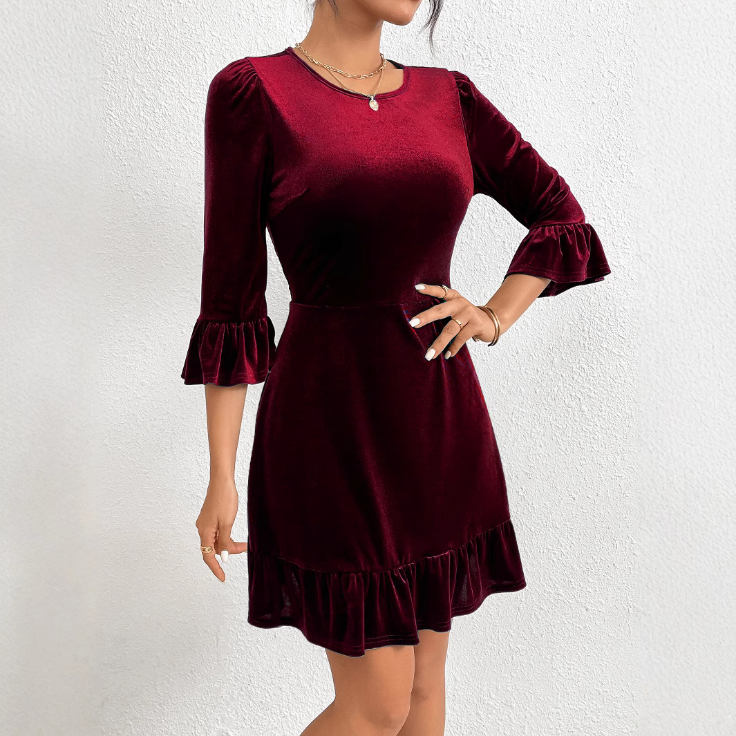 Autumn Winter New Round Neck Slim Fit Ruffle Short Dress Elegant Velvet Dress