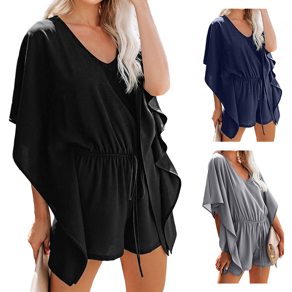 Solid Color Womens Jumpsuit V Neck Short Sleeve High Waist Loose Fit Casual Wear for Summer Wholesale Available